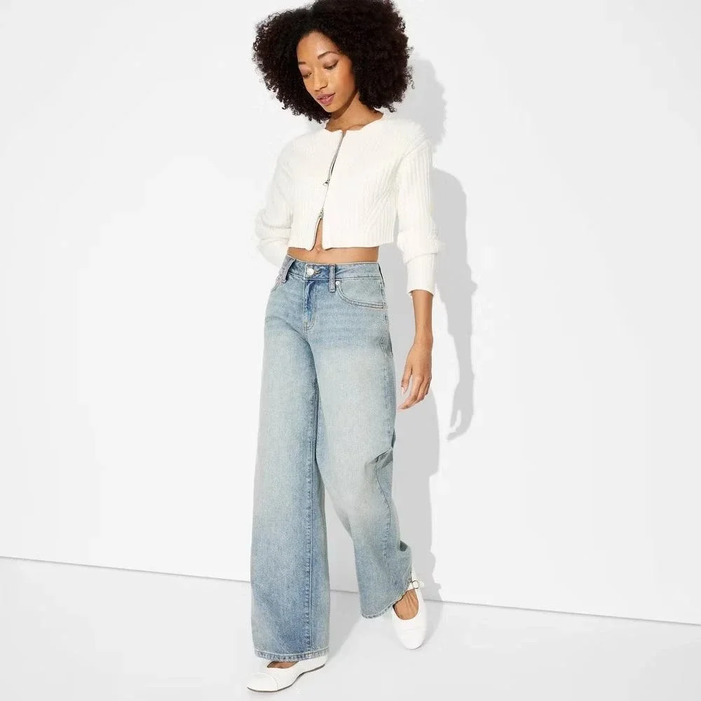 Wild Fable Women Cream Ribbed‎ Cropped Zipper Sweater Size M